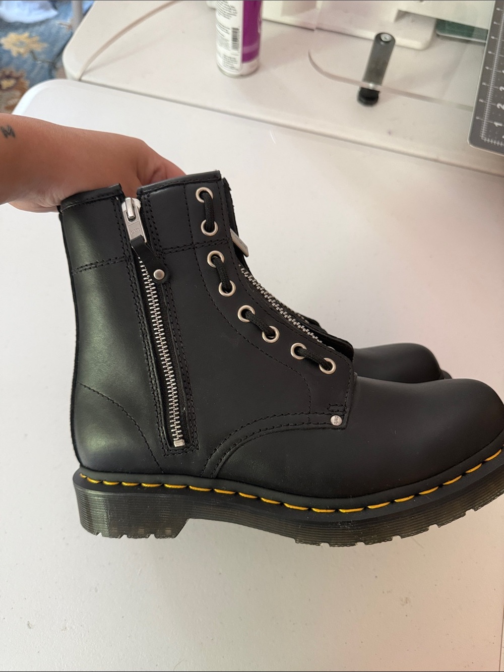 Dr. Martens Black Leather Lace-Up Boots with Front Zipper and Yellow Stitching - Picture 3 of 4